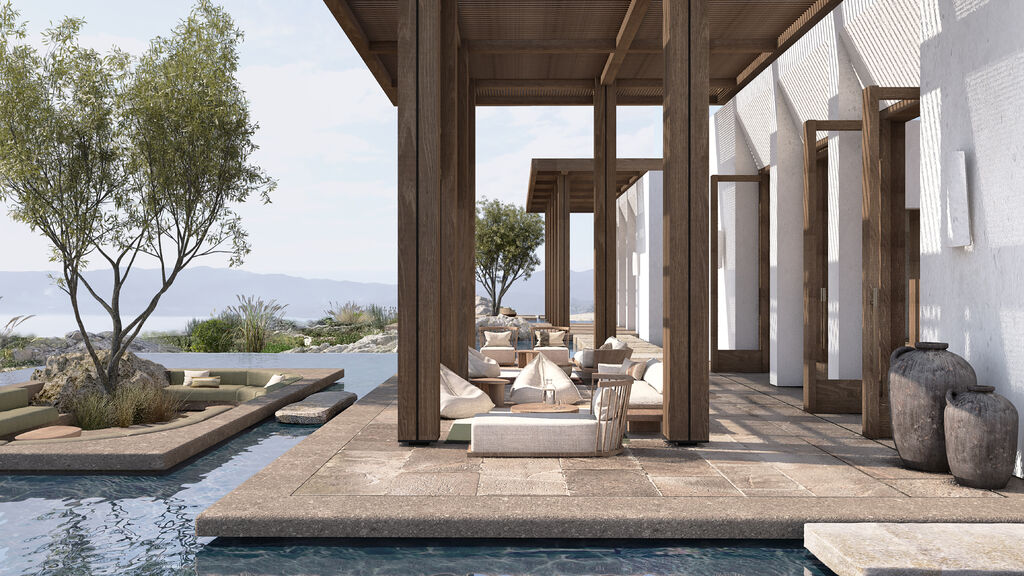 Vue sur la piscine autour de l'hôtel la mer de Crète depuis une suite de l'hôtel JW Marriott Crète Resort & Spa située sur la péninsule de Akrotiri à Marathi en Crète