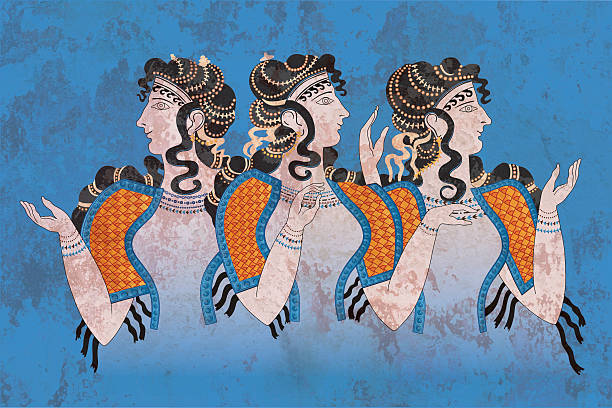 Fresque de 3 femmes minoennes, Palais de Knossos, Heraklion, île de Crète