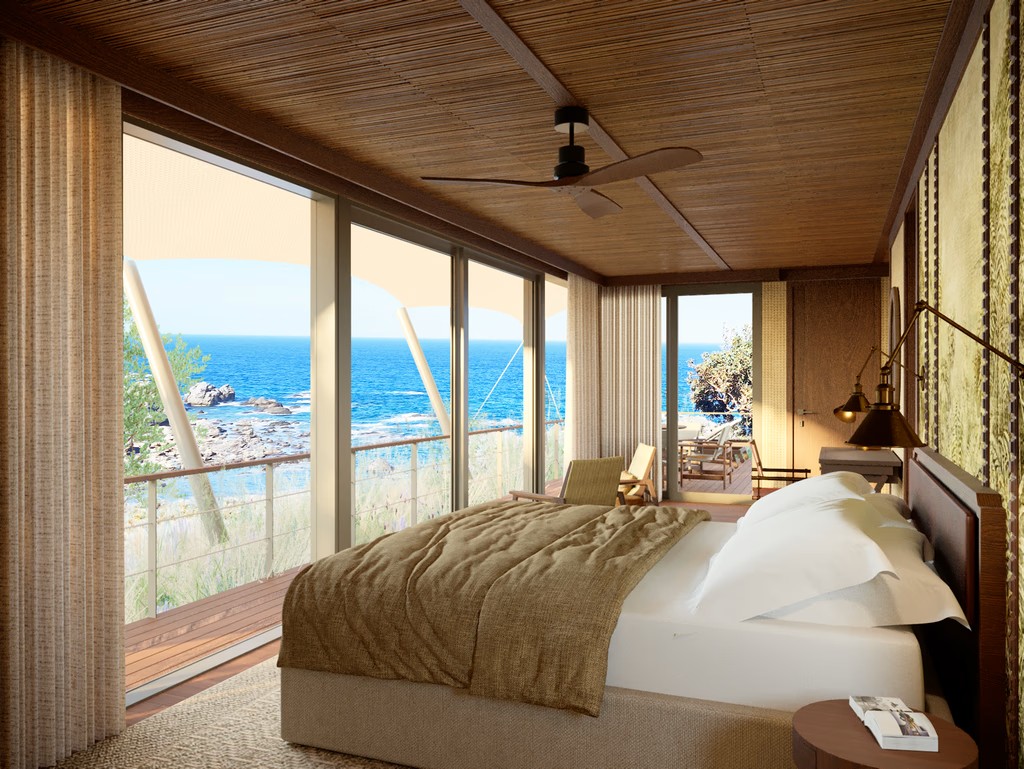 Pavillon sous tente à flanc de falaise avec mini-piscine d'hydrothérapie à The Revery Crète Grèce