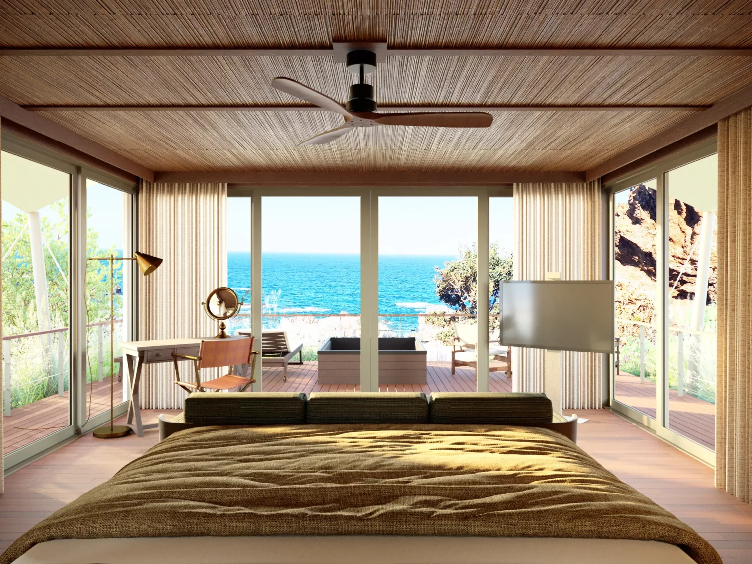 Pavillon sous tente à flanc de falaise avec mini-piscine d'hydrothérapie à The Revery situé à Elafonissi situé dans le sud de la Crète en Grèce