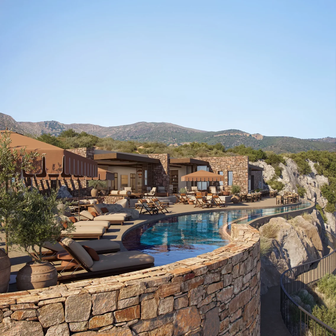 Vue d'ensemble des Suites avec piscine chauffée the Revery situé à Elafonissi dans le sud de la Crète en Grèce
